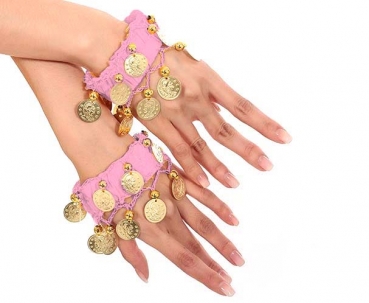 Belly Dance Handkette Armband Handschmuck Fasching Tanzen Bauchtanzen Handgelenk Manschette Verkleidung Armbänder mit goldfarbenen Münzen (Paar) in rosa